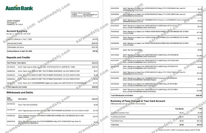 USA Austin Bank statement 2 pages